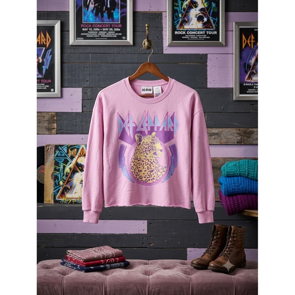 Def Leppard Girls Crop Sweatshirt Pink Graphic Leopard Rock Band Size 10/12